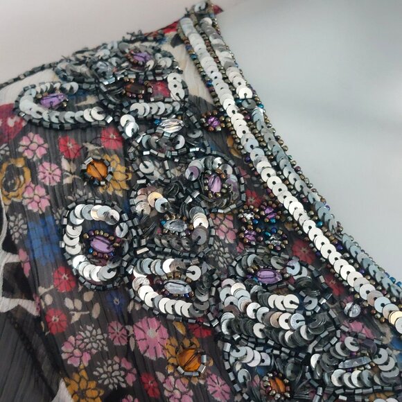 Vintage Y2K Top Medium Sheer Flowy Romeo Juliet Couture Multi Print Silky Sequin - Picture 15 of 16